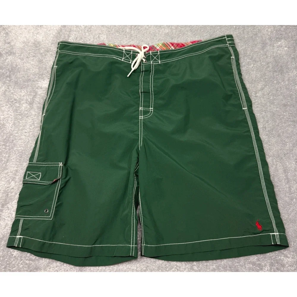 Polo Ralph Lauren Swim Trunks Mens XXL Green Board Shorts Cargo Plaid Trim Mesh